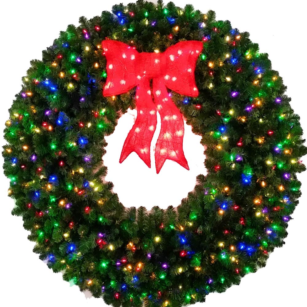 5 Foot (60 inch) Multi Color L.E.D. Christmas Wreath with Pre-lit Red Bow - 400 LED Lights - Indoor - Outdoor - Commercial Grade - ACWreaths