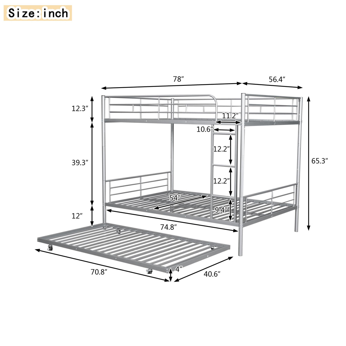 Harper & Bright Designs Full Over Full Metal Bunk Bed with Trundle, Ladder & High Guardrail, Able to Split, Noise Free, Heavy-Duty Steel Loft Bed Frame with Safety Rail for Bedroom, Dorm (Silver) Harper & Bright Designs