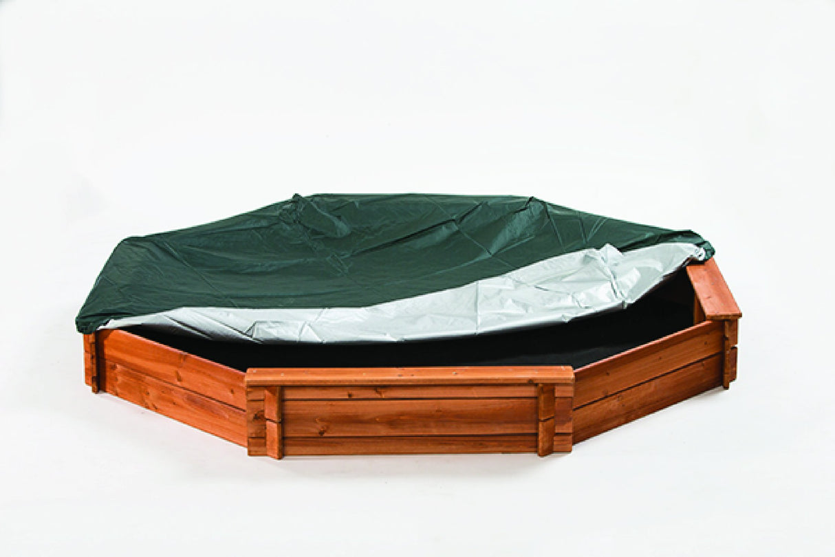 Octagon Wooden Cedar Sand Box w Seat Boards | Eco-Friendly Cover & Ground Liner | 84" X 78" x 9" | 3/4" Cedar Boards | Easy DIY Assembly | Holds 800+ lbs of Sand | Natural Cedar Beauty Built to Last CREATIVE CEDAR DESIGNS