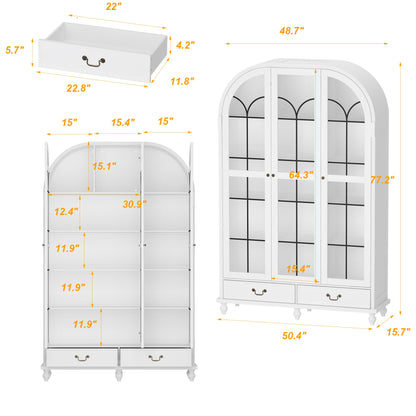 TAMUNE Display Cabinet with Glass Doors, Curio Cabinet with Drawers and Shelves, Bookshelf Display Case, White Glass Storage Cabinet for Collectibles, Living Room Kitchen, 15.7”D x 50.4”W x 77.2”H