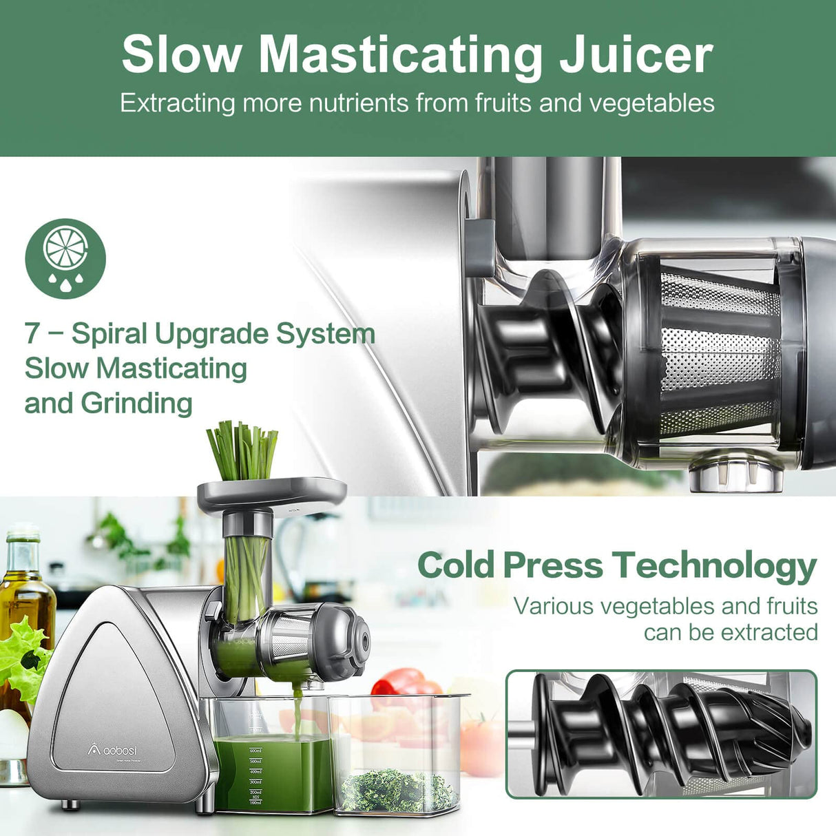 Cold Press Juicer, Aobosi Slow Masticating Juicer Machines with Reverse Function, Quiet Motor, High Juice Yield with Juice Jug & Brush for Cleaning, Gray AAOBOSI