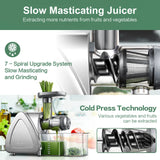 Cold Press Juicer, Aobosi Slow Masticating Juicer Machines with Reverse Function, Quiet Motor, High Juice Yield with Juice Jug & Brush for Cleaning, Gray AAOBOSI