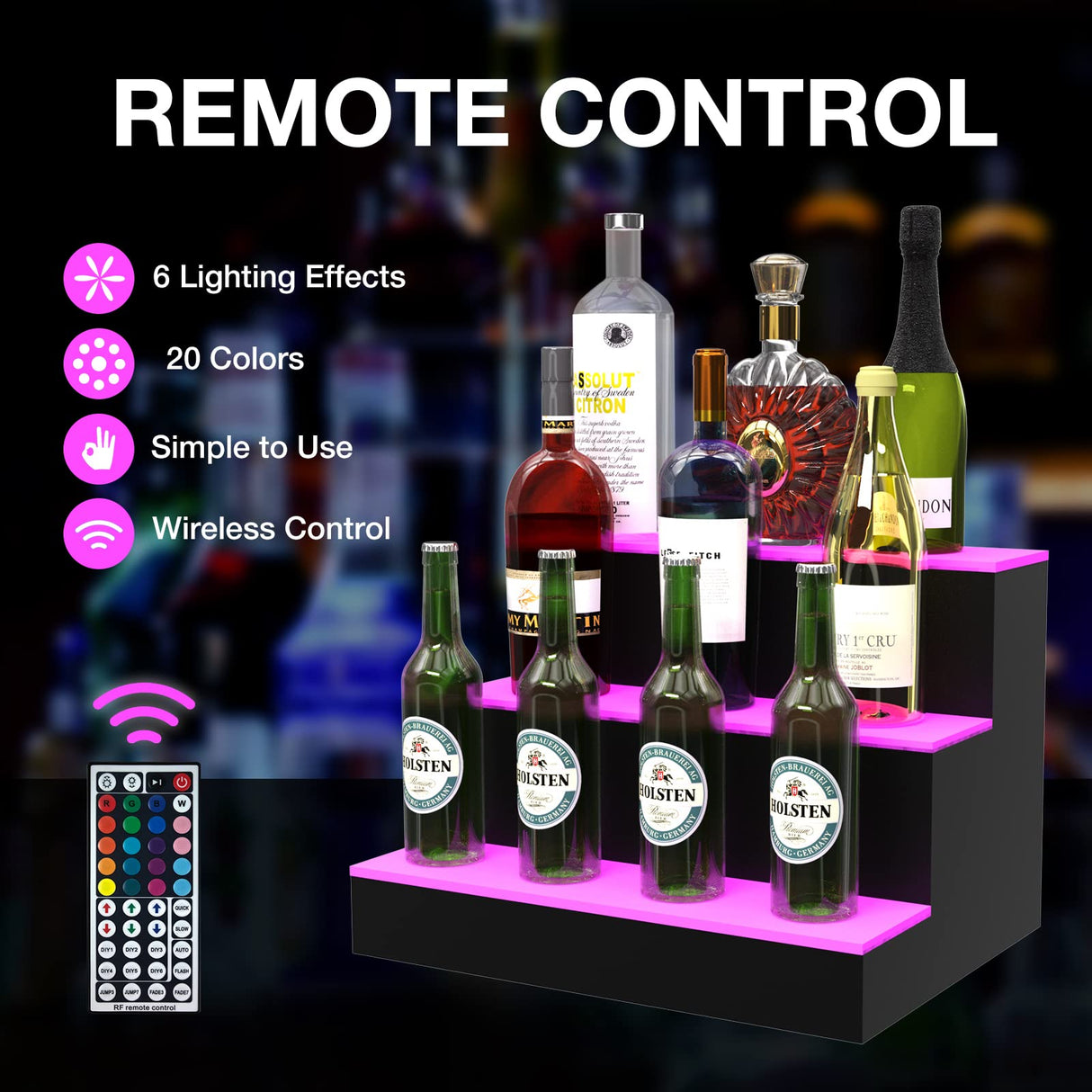 HIGOSPRO LED Liquor Bottle Display Shelf, 16 inch 3-Step Lighted Acrylic Lighted Bar Shelf for Home, Illuminated Home Bar Shelf, Acrylic Lighted Bottle Display Stand with RF Remote HIGOSPRO