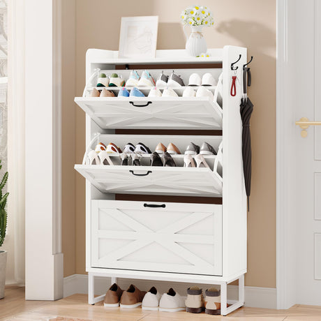 YITAHOME Farmhouse Shoe Storage Cabinet for 24 Pairs with 3 Flip Drawers, Narrow Slim Shoe Rack Cabinet for Hallway, Shoe Organizer for Entryway, Living Room (White) YITAHOME