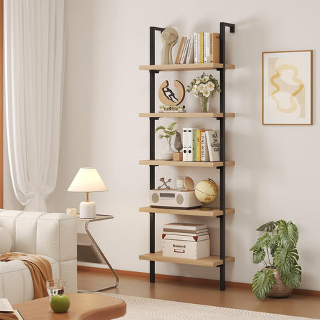 Airynee Ladder Bookshelf, 5 Tier Book Shelf, Wall Mount Bookshelves and Bookcases with Metal Frame, Anti Dump, Tall Bookcase for Living Room, Home Office, Bedroom Oak Airynee