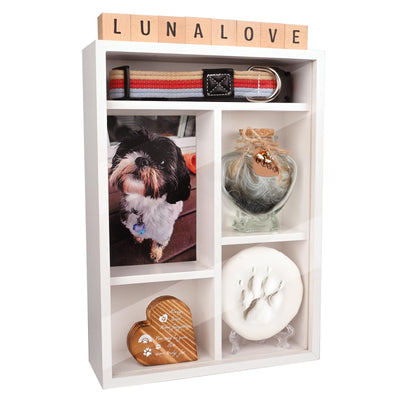 Pet Memorial Shadow Box with Shelves for Loss of Dog Cat Memorial Gifts 4X6 Picture Frame Paw Print Kit Fur Keepsake Heart Plaque Collar Holder and Personalized Blocks Pet Remembrance Sympathy Gift