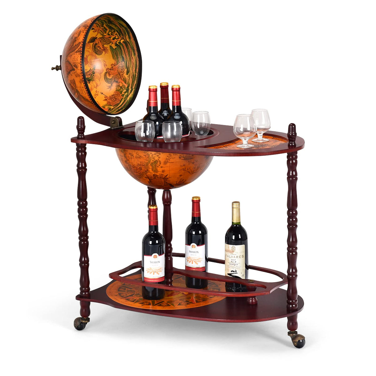 Goplus Globe Bar, 34.5” Globe Bar Liquor Cabinet with Wheels, Bottom Shelf, Old World Map, 16th Century Italian Replica Bar Globe, Retro Wine Stand, Goplus