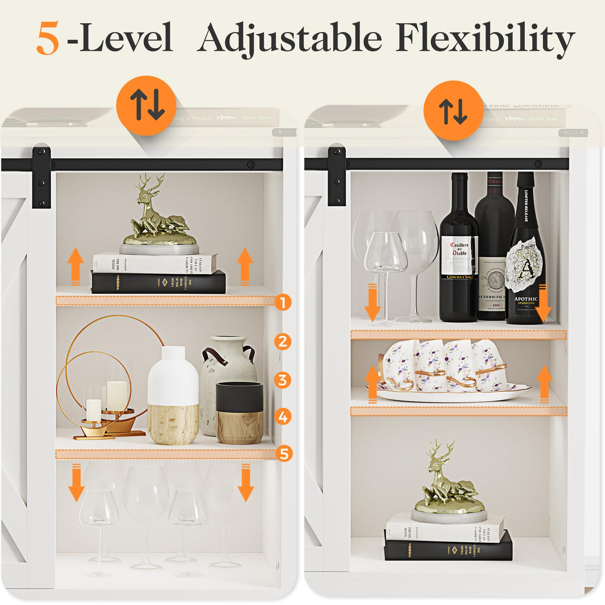 HEYNEMO Farmhouse Coffee Bar Cabinet with Sliding Barn Door, 32" H Accent Cabinet with 2 Drawers and Removable Partitions, Wooden Rustic Buffet Sideboard Storage Cabinet for Living Room, White HEYNEMO