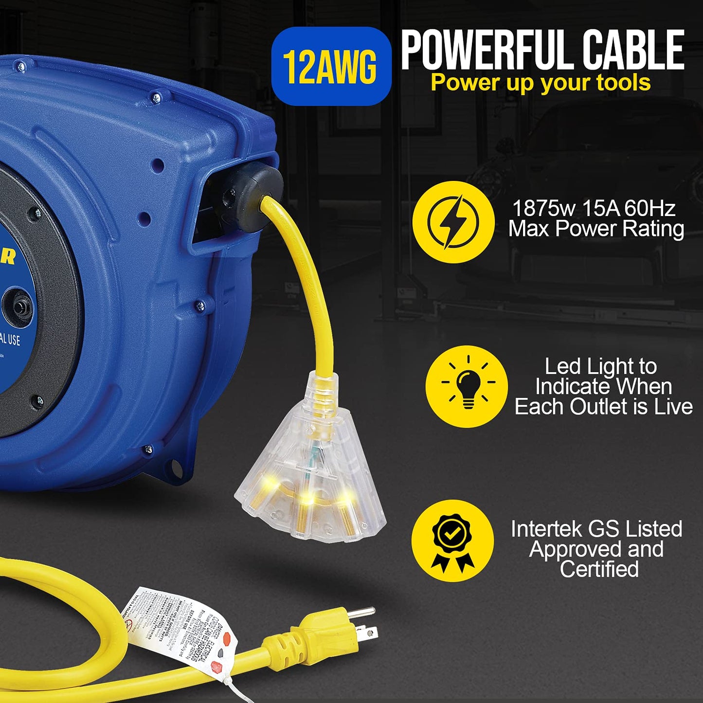 Goodyear Extension Cord Reels (12AWG x 40 FT (SJTOW Cable) w/LED Light-Up Tap) - WoodArtSupply