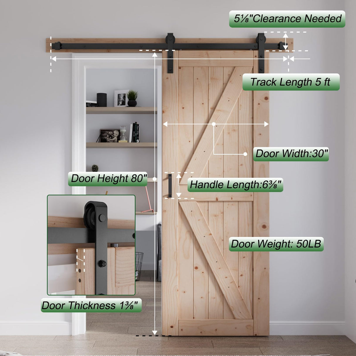 FREDBECK 30in x 80in Sliding Barn Door and 5FT Sliding Door Hardware Kit Included K Shape Solid Spruce Wood Panel for Bedroom Need to Assembly FREDBECK