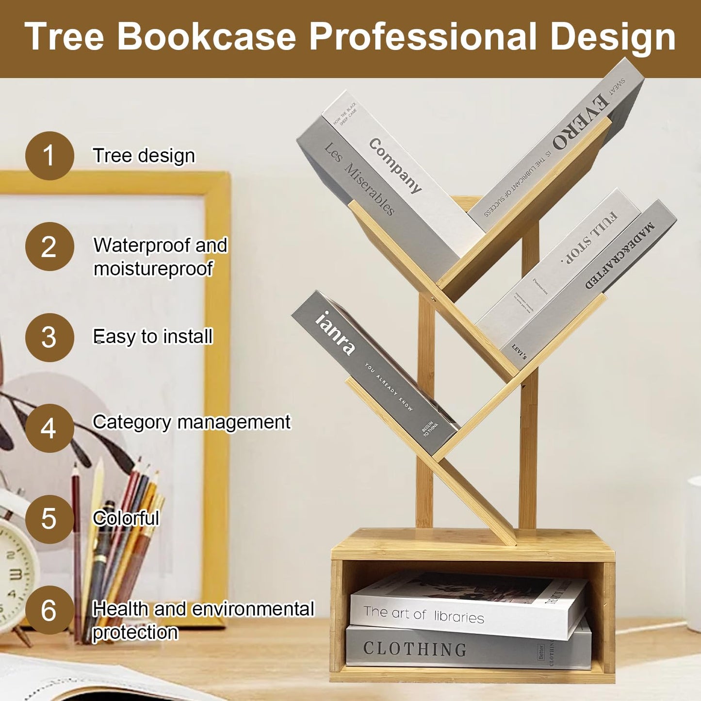 Bamboo 4 Tree Bookshelf Small Bookcase Free Standing Wood Bookcase for Narrow Space Modern Book Storage Rack for Books/Movies/CDs Narrow Display Rack for Living Room Home Office (Bamboo, 4-Tier)