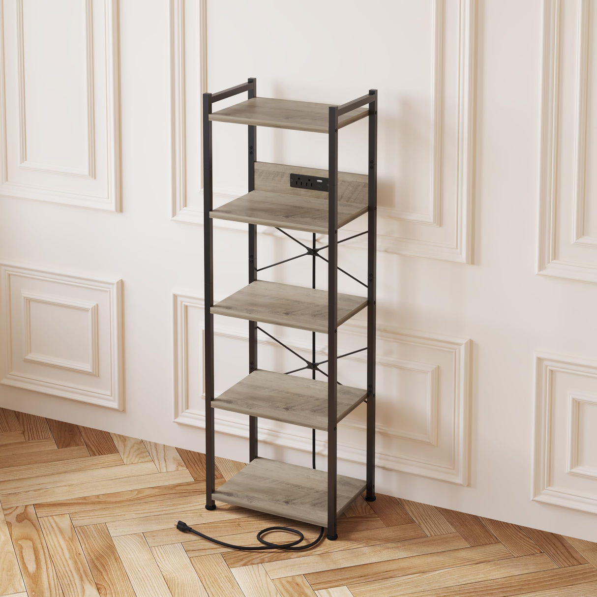 ZIWEI STAR 5 Tier Bookcase with Charging Station, Small Bookshelf Industrial Bookcase Storage Shelf, Boocase Organizer for CD/Movie/Book Displaying, Bookshelves for Bedroom Office Living Room ZIWEI STAR