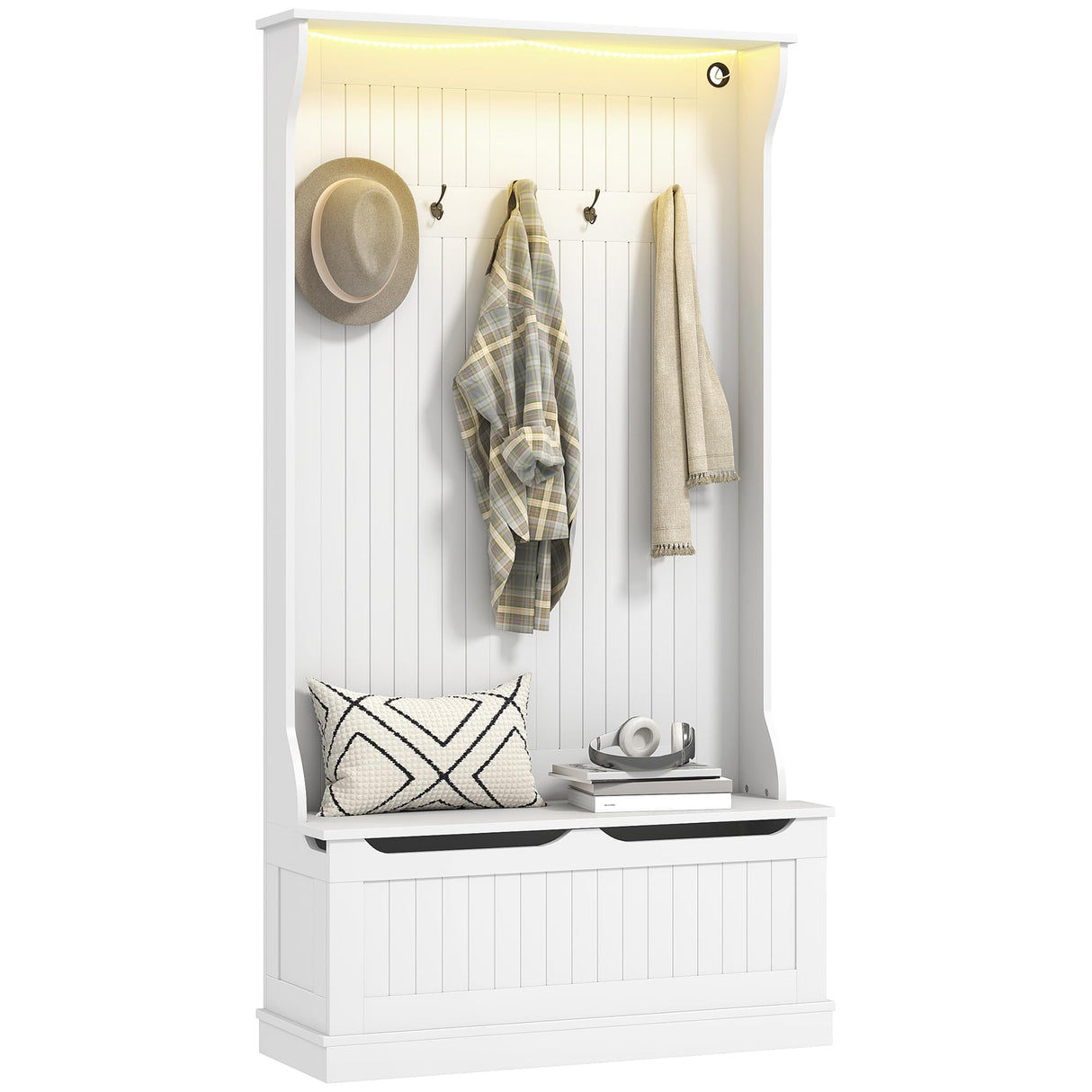 HOMCOM 3-In-1 Hall Tree with LED Lights and Shoe Storage, Standing Coat Rack with Shoe Bench, Entryway Furniture with Five Hooks, White HOMCOM