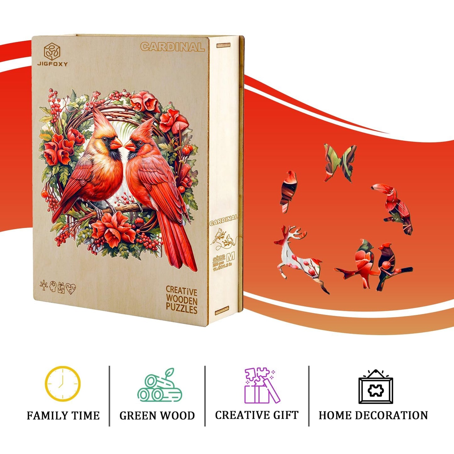 Jigfoxy Wooden Puzzles for Adults, Cardinal Wood Puzzles Adult, Unique Animal Shape Wooden Jigsaw Puzzles, Birthday Gifts for Puzzles Lovers Family Friend (L-13.3 * 13.3in-300 pcs)