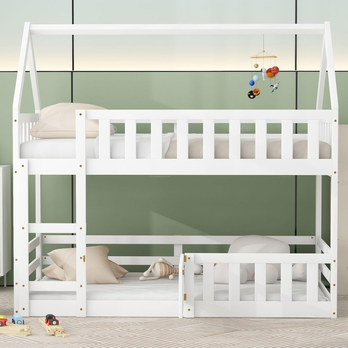 LOSTCAT Twin Over Twin House Bunk Bed with Fence & Door - Montessori Floor Bed for Kids in White LOSTCAT