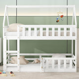 LOSTCAT Twin Over Twin House Bunk Bed with Fence & Door - Montessori Floor Bed for Kids in White LOSTCAT