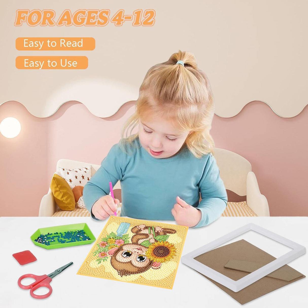 ajepon Monkey Diamond Art Kits for Kids with Frame, Animal Diamond Art for Kids Ages 8-12, Monkeys Diamond Painting Kits for Kid with Beautiful Package for Gift Home Wall Decor (7x7inch) ajepon