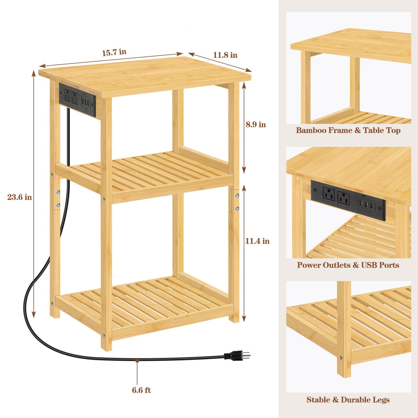 melos End Table with Charging Station, 3 Tier Bamboo Nightstands Set of 2, Bedside Table with USB Ports and Outlets, End Table Side Table for Bedroom, Living Room, Nursery, Rustic Farmhouse - WoodArtSupply