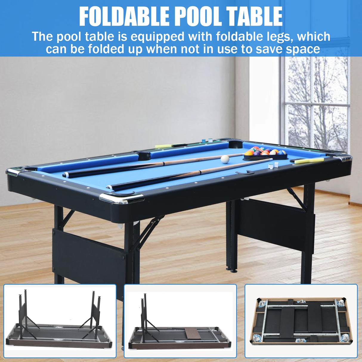 BOSTANA 5.5 ft Pool Table, Billiards Table with Balls, Cues, Chalks and Brush, Portable Foldable Pool Table Perfect for Family Game Room, Blue Black BOSTANA