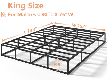 Vitverve Box Spring King, 9 Inch High Metal King Size Box Spring Only, Heavy Duty Mattress Foundation with Fabric Cover, Easy Assembly, Quiet Noise Free, Non Slip, Black