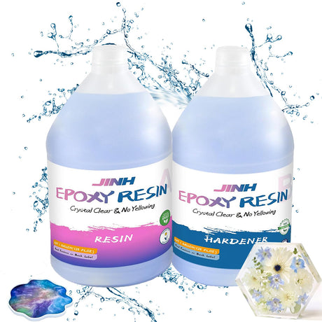 JINH Epoxy Resin 2 Gallon, Upgraded Crystal Clear Epoxy Kit UV Resistant No Bubble Self Leveling, 1 Gallon Resin and 1 Gallon Hardener Kit for DIY Art, Jewelry, Resin Art, Molds, Countertops JINH