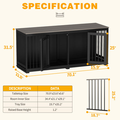 DAWNSPACES Large Funiture Style Dog Crate for 2 Dogs, 70" Wooden Dog Kennel Furniture with Removable Divider & 2 Trays, Indoor Heavy Duty Dog House w/Double Rooms for Large Medium Dogs, Black - WoodArtSupply