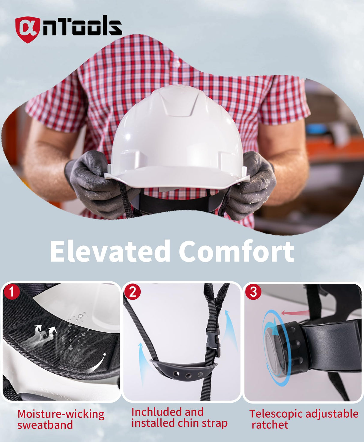 AnTools White Cap Style Hard Hat, OSHA Construction Work Approved, 4-Point Adjustable Suspension, ANSI Z89.1 AnTools