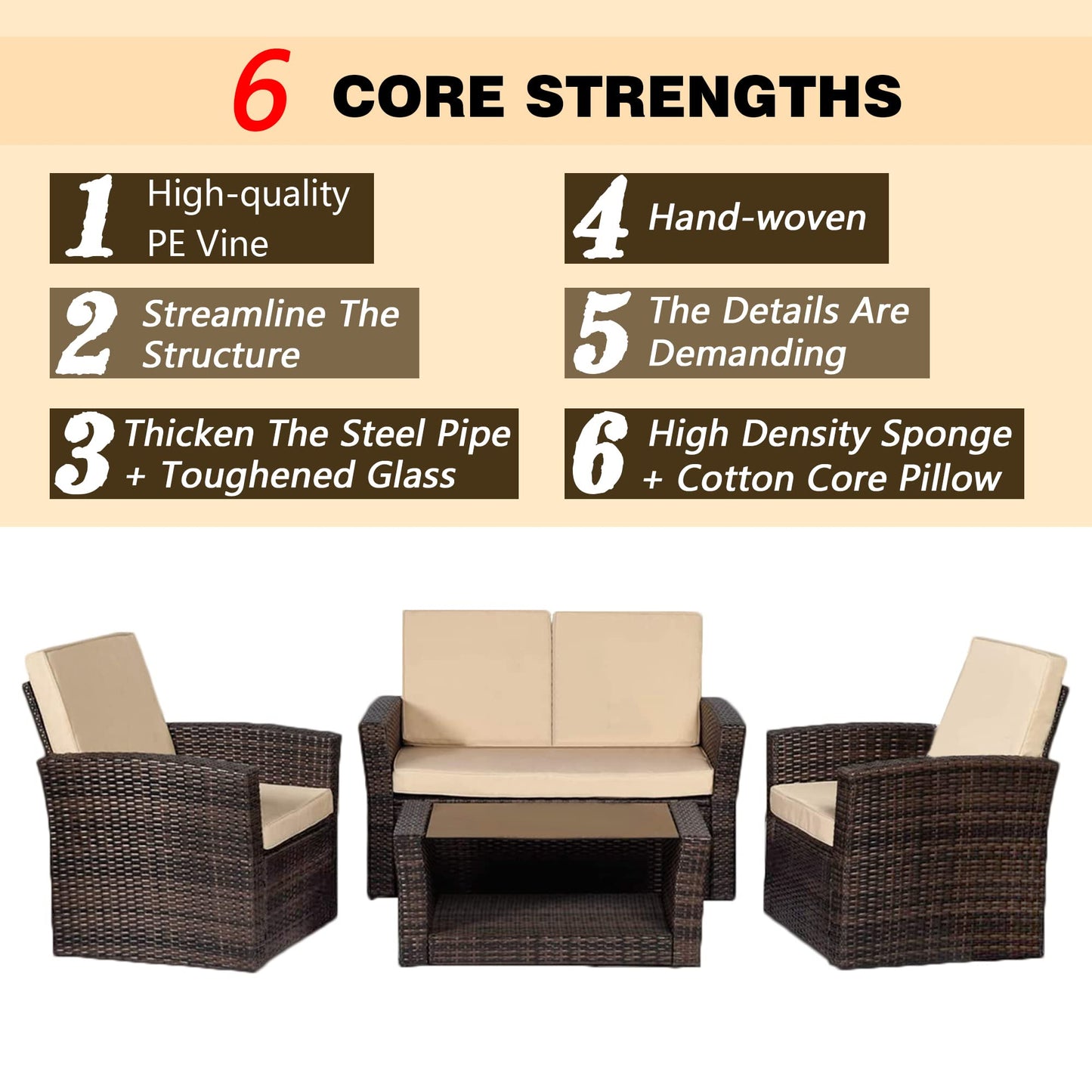 4 Pieces Patio Conversation Set, Outdoor PE Rattan Wicker Sofa Furniture Set with Soft Cushions and Glass Coffee Table for Backyard Lawn Garden Balcony Porch Poolside,Brown - WoodArtSupply