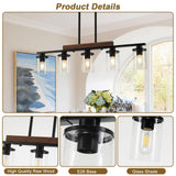 Kitchen Island Lighting,5-Light Dining Room Light Fixture/Chandelier Over Table,Black Modern Rustic Wood Ceiling Pendant Light Fixtures, with Clear Glass Shade,Farmhouse Chandelier (Black, 5-Light) CmnVmn