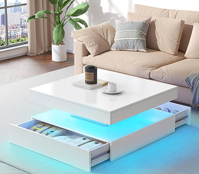 LED Coffee Table for Living Room with Storage - High Glossy Modern White Center Table with 2 Drawers, Square Wooden Middle Table with 16-Color Lights 31" x 31" x 14.6" (White)