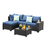 Jing's Villa 5-Piece Patio Furniture Set, All-Weather Outdoor Wicker Sectional Sofa with Cushions, Tempered Glass Table & Ottoman,Rattan Conversation Seating for Porch, Garden, Backyard,Navy Jing's Villa