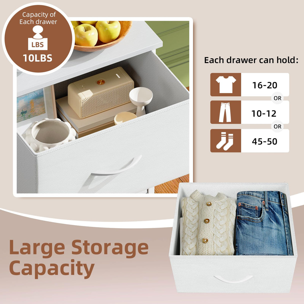 Somdot Tall Dresser for Bedroom with 6 Drawers, Storage Organizer Chest of Drawers with Removable Fabric Bins for Closet Bedside Living Room Laundry Entryway Hallway, White Leather Somdot