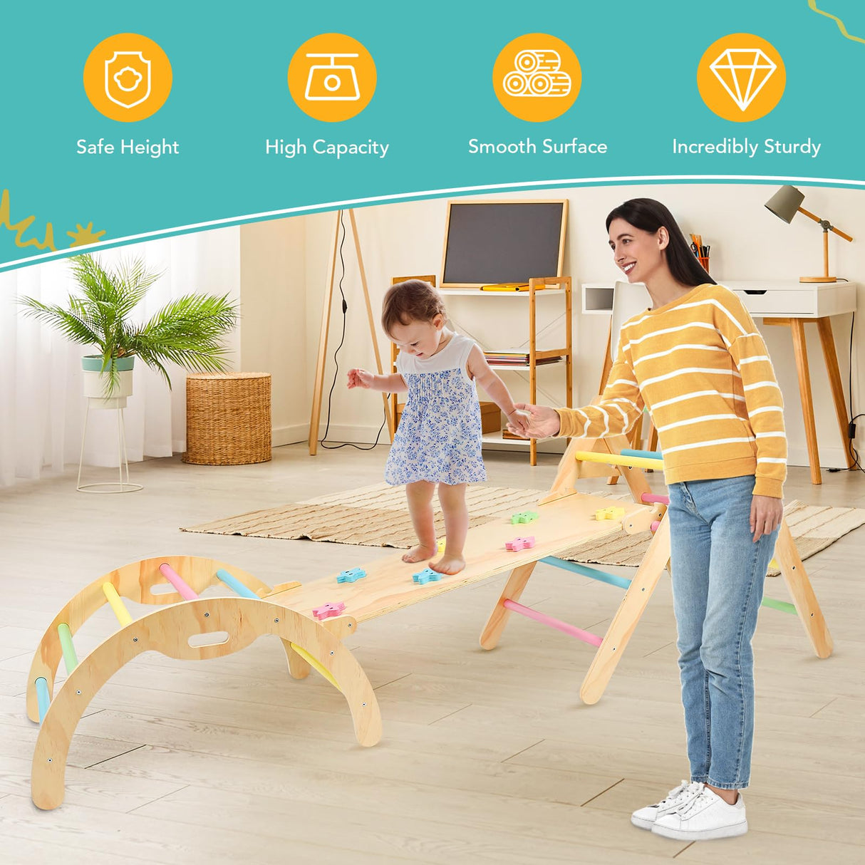 Pikler Triangle Set with Cushion, 7 in 1 Wooden Climbing Toys for Toddlers 1-3 Inside, Toddler Climbing Toys Indoor with Ramp, Arch and Ladder, Montessori Foldable Climbing Set for Toddlers and Kids KAISASA