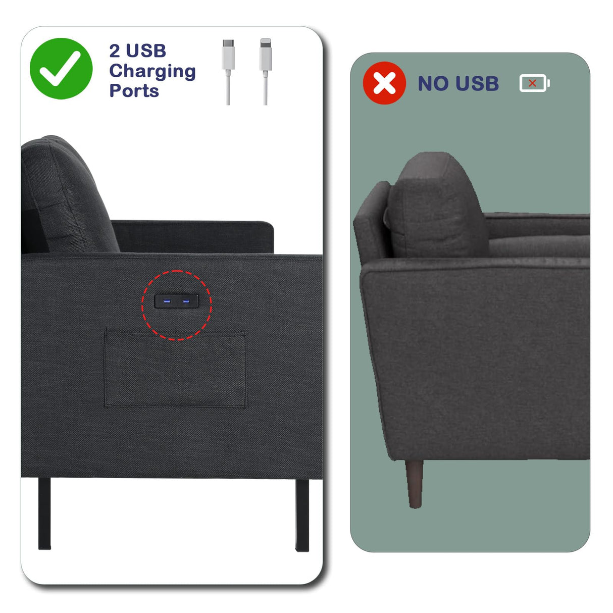 STHOUYN 3 Piece Living Room Furniture Sets, 3 Seat Couch and Loveseat with 2 USB, Single Sofa Accent Chair, Modern Small Couches for Small Spaces, Bedroom, Apartment (Dark Grey) STHOUYN