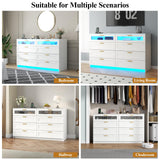 8 Drawers Dresser with Charging Station, White Dresser for Bedroom with LED Lights, Modern Chest of Drawers for Closet, Double Wide Dresser Organizer for Bedroom, Living Room, Entryway (White) Gyfimoie