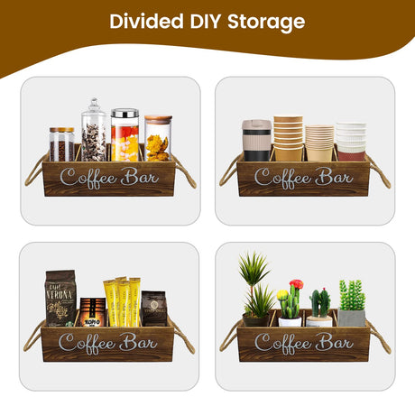 QUALLON Coffee Station Organizer with Small Removable Dividers, Wooden Coffee Bar Accessories Storage For Countertop, Farmhouse Kcup Coffee Pod Holder Basket With Handle For Coffee Lover QUALLON