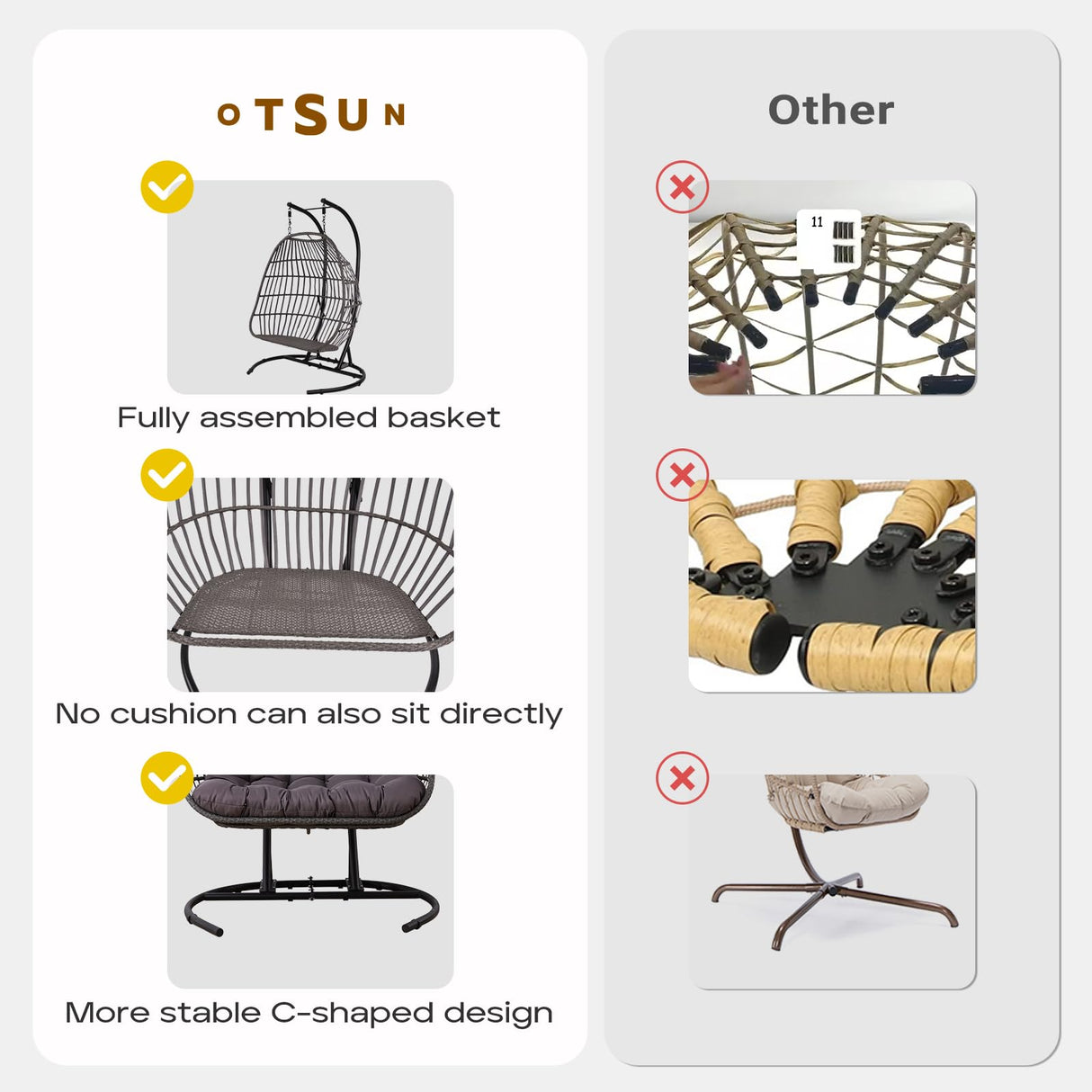 OTSUN Double Egg Swing Chair, Outdoor Wicker Hammock Chair with Cushions and Headrest Pillow, 2 Person Patio Hanging Chair for Indoor Patio Porch Garden, Black OTSUN