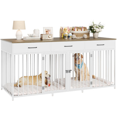 HOSTACK Double Dog Crates Furniture, 71" Wide Indoor Dog Kennel with 3 Drawers, Farmhouse Dog Cage for 2 Large/Medium Dogs, Heavy Duty Dog Crate with Removable Room Divider, Wooden Pet House, White