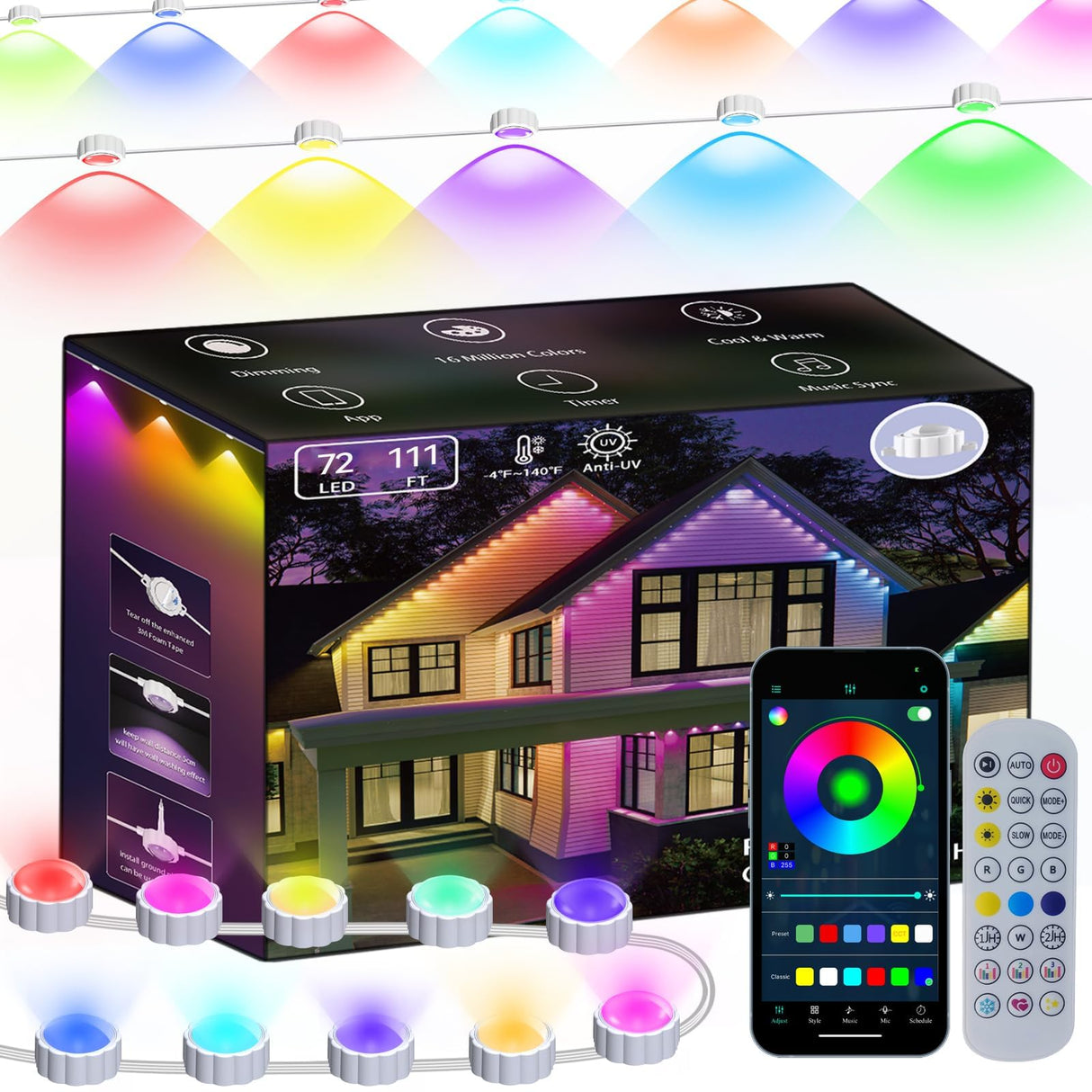 Permanent Outdoor Lights Eaves Light House Light Outdoor Permanent Christmas Lights Multicolor (mulito Color, 100ft with 72 Lights) Honche