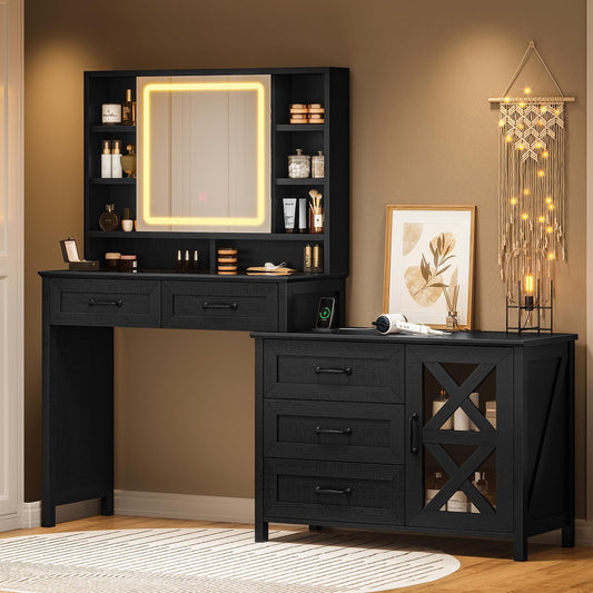 BTHFST Farmhouse Vanity with Glass Top, Vanity Desk with Mirror and Lights, Makeup Vanity with Charging Station, Vanity Table with 5 Drawers & Shelves & Cabinet, Wood-Grain Black - WoodArtSupply