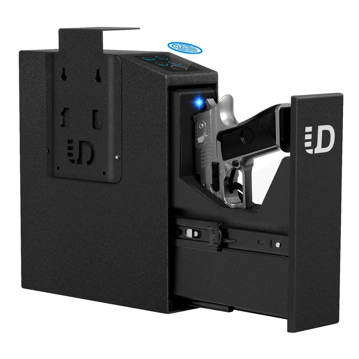 Biometric Slider Handgun Gun Safe for Nightstand, Desk, Bed Side - Pistol Safe, Hand Gun Safe For Car, Biometric gun safe for handgun with Fingerprint, PIN Code, KEY Access Urban Deco