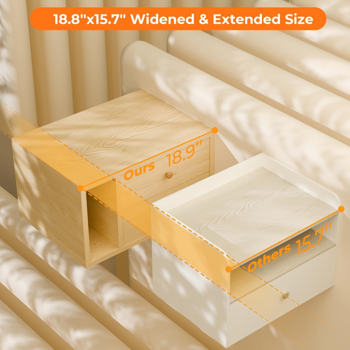 Floating Nightstand Set of 2 with Drawers, Small Bedside End Table with Open Storage Shelf, Modern Floating Night Stand for Bedroom, Wood Wall Mounted Desk with 2 Drawers for Living Room (Natural) Gyfimoie