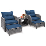 FYRICKYLINOO 5 Pieces Wicker Outdoor Patio Chairs Set with Ottoman, All Weather PE Rattan Patio Conversation Furniture Set Outdoor Furniture Set with Hidden Ottoman, Blue FYRICKYLINOO