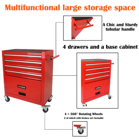 nifoti 4 Drawers Tool Cart on Wheels,Rolling Tool Box Tool Storage， Drawers Rolling Tool Box Organizer Tool Case for Garage, Warehouse, Workshop, nifoti