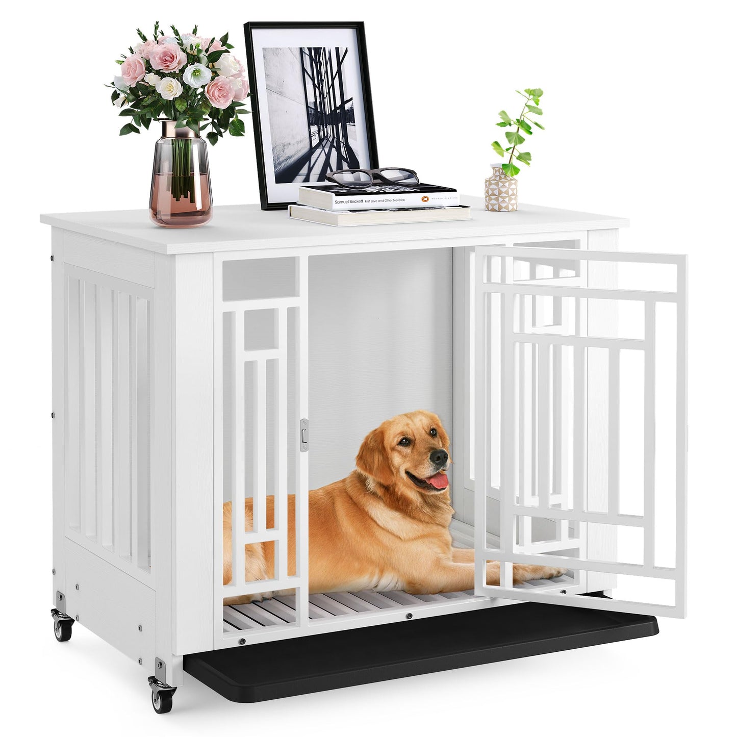 YITAHOME Dog Crate Furniture, 31.9" Heavy Duty Dog Cage, Wooden Side End Table with Wheels, Chew-Resistant Metal Dog Kennel with Removable Tray, Dog House Indoor for Small Medium Dogs, White - WoodArtSupply