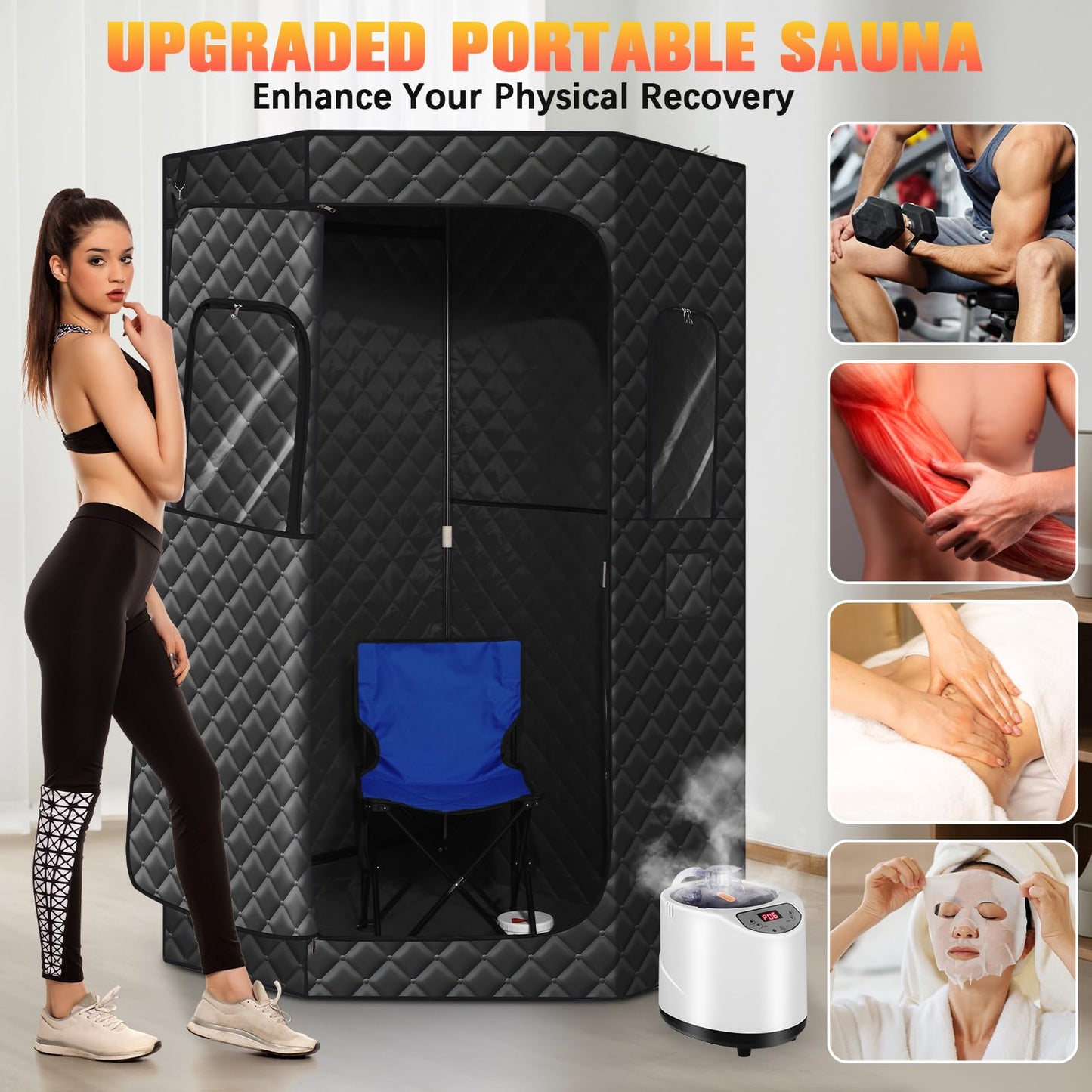 Upgraded Portable Steam Sauna for Home, Personal Sauna Box for Home, Home Sauna Tent with 1200W 3L Steam Generator, 99 Minute Timer, Folding Chair, Remote Control Included(Black)