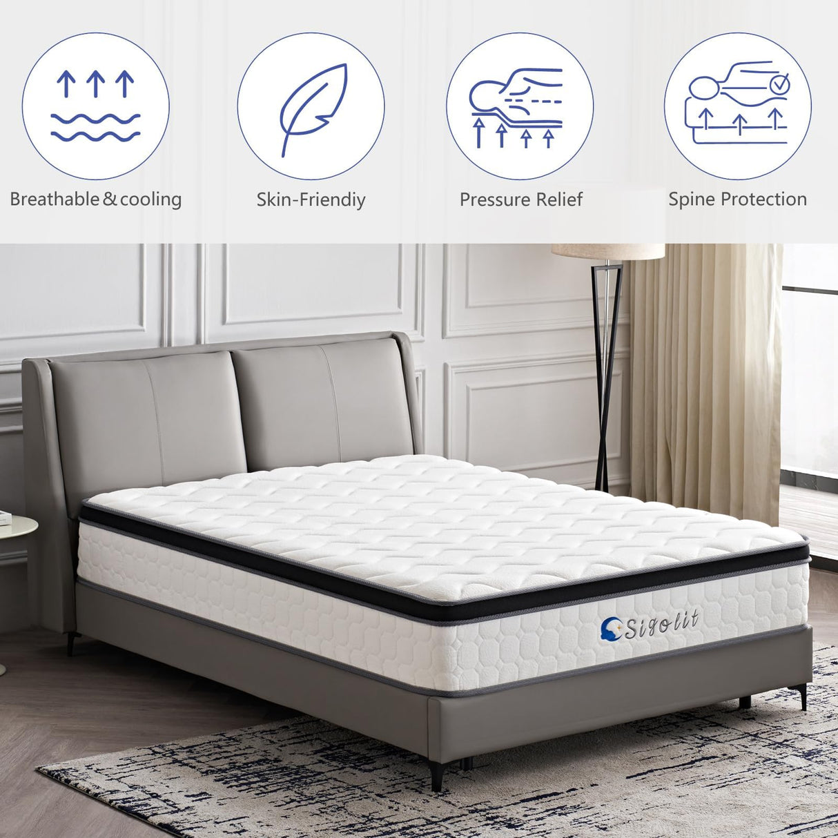 sigolit 12 Inch Queen Size Hybrid Mattress - Medium Firm, Memory Foam & Pocket Springs, Motion Isolation, Edge Support, Pressure Relief, Ships Compressed sigolit