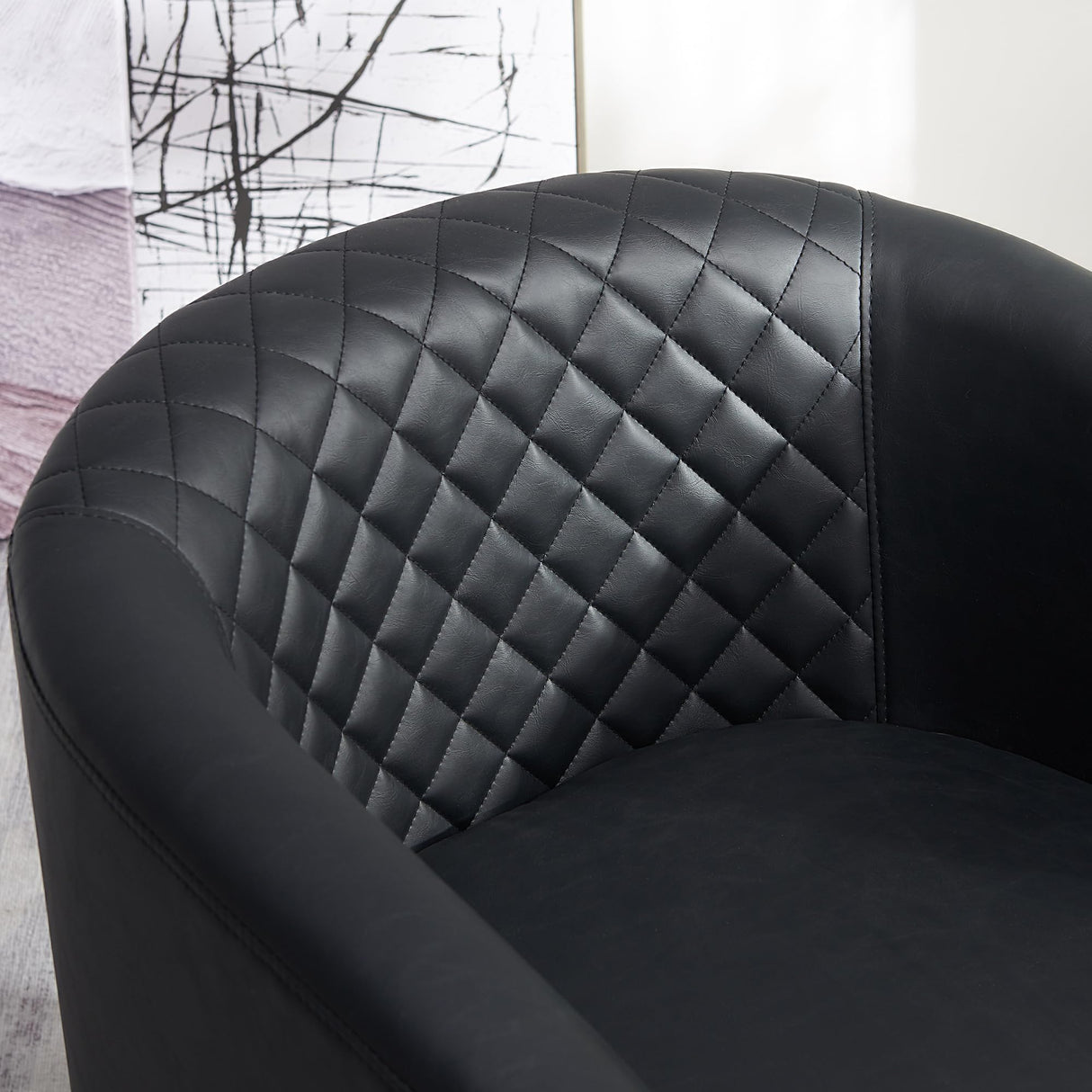 KINWELL 29" Wide Tufted Faux Leather Swivel Barrel Chair, PU Leather Modern Upholstered Accent Chairs with Nailhead Trim, Small Armchair for Living Room Bedroom, Black KINWELL