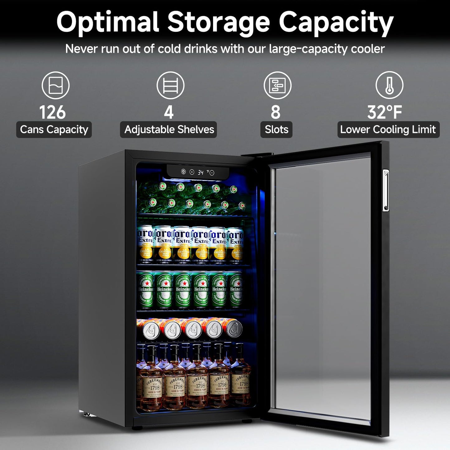 Feelfunn Beverage Refrigerator and Cooler - 126 Can Mini Fridge Glass Door for Soda Beer Wine - Freestanding Beverage Fridge for Bedroom Office Bar, 4 Adjustable Shelves, 3.2 Cu.Ft, Black