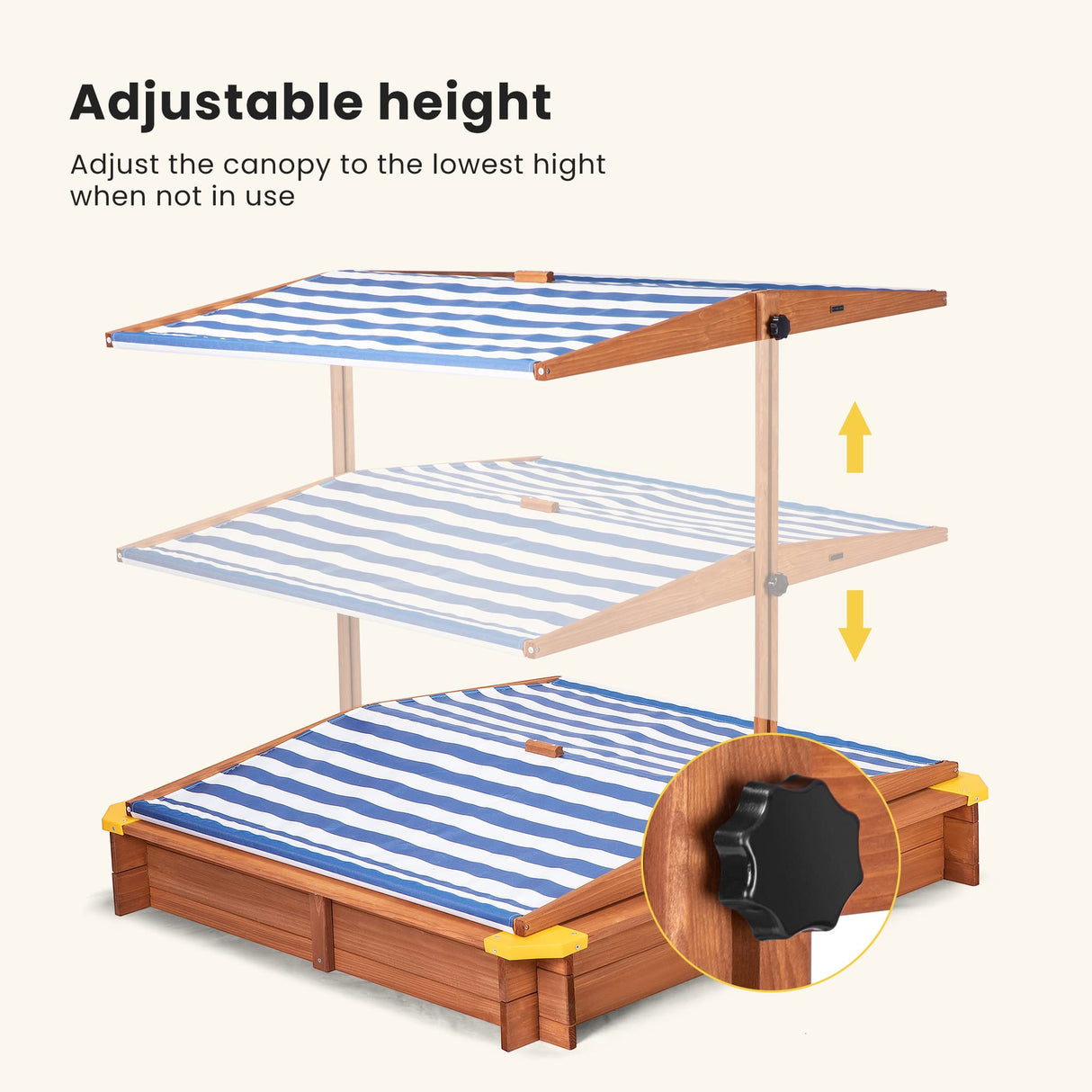 VIVOHOME 46.5 Inch x 46.5 Inch Covered Wooden Sandbox Height Angle Adjustable with Rotatable UV-Resistant Canopy Sand Protection Bottom Liner for Home Backyard Beach Outdoor VIVOHOME